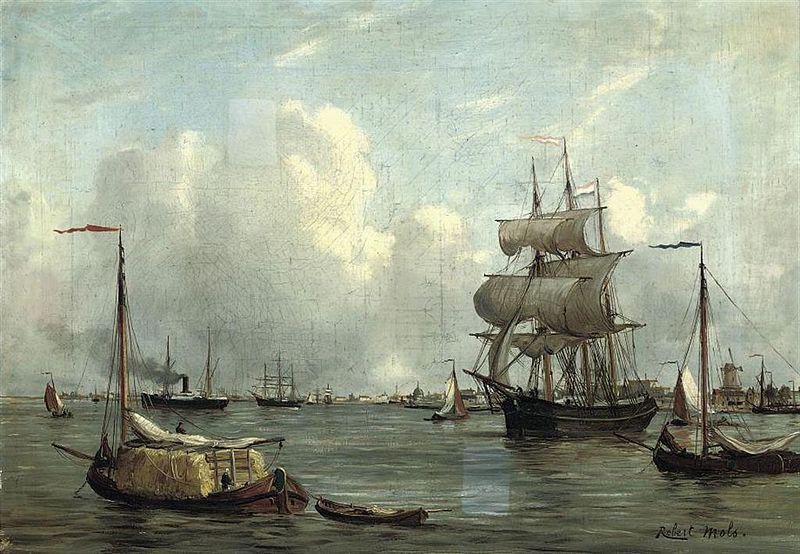 Robert Charles Laurens Gustave Mols Bustling activity in a Dutch harbour oil painting picture